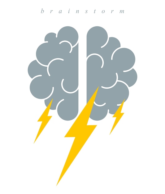 Lluvia de ideas concepto vector logo o icono, cerebro humano y símbolo simple de relámpago, estilo plano moderno.