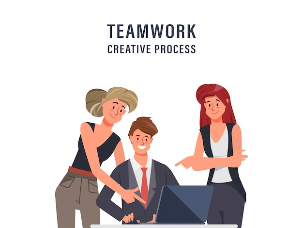 Lluvia de ideas de trabajo en equipo personaje de la oficina Animación Reunión del seminario del colega. Espacio de trabajo interior de la oficina.