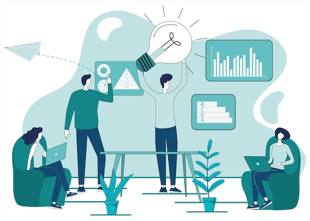 Lluvia de ideasLos hombres de negocios celebran una reunión en el contexto de la infografíaBombilla de luz como idea