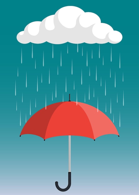 Lluvia de nubes y paraguas abierto bajo la lluvia Ilustración de vector de estilo plano