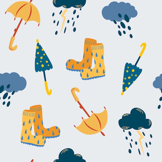 Lluvia y paraguas de patrones sin fisuras. otoño. nubes con lluvia y tormentas, paraguas y botas de goma. para tela, postales, estampados, carteles, portadas, papel tapiz. ilustración vectorial.