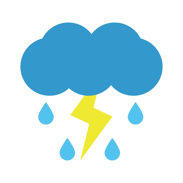 Lluvia con tormenta, vector. Nubes y gotas de lluvia en relámpagos azules y amarillos sobre un fondo blanco.