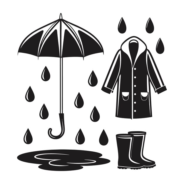 Lo esencial para los días de lluvia Paraguas, impermeable y botas