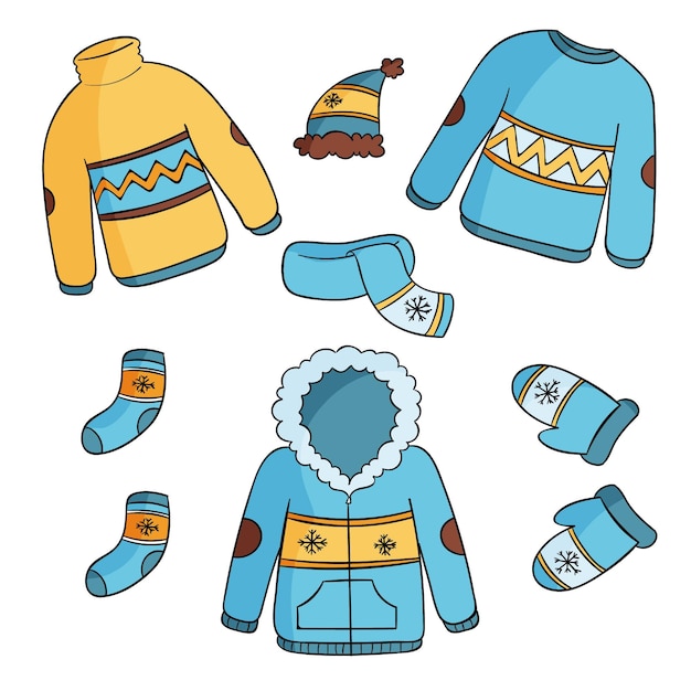 Lo esencial y ropa de invierno dibujada a mano.
