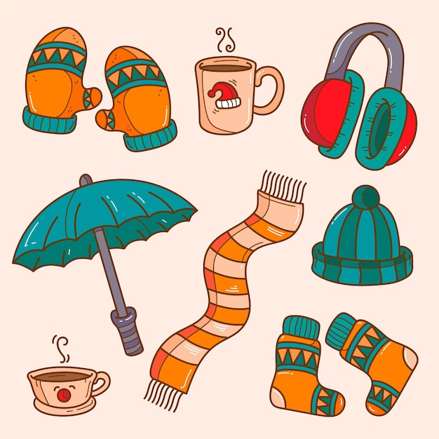 Lo esencial y ropa de invierno dibujada a mano.