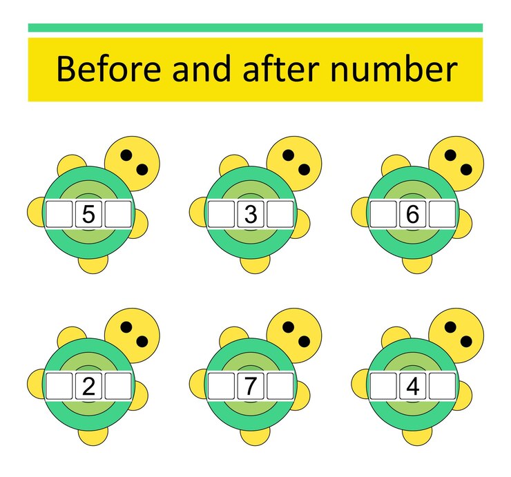 Vector lo que viene antes y después hojas de trabajo de matemáticas para niños ilustración vectorial de tortuga de dibujos animados
