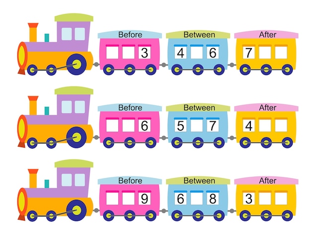 Vector lo que viene antes entre después de las hojas de trabajo de matemáticas para niños