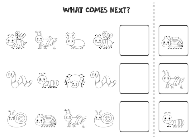 Lo que viene a continuación juego con lindos insectos en blanco y negro. juego de lógica educativo para niños.