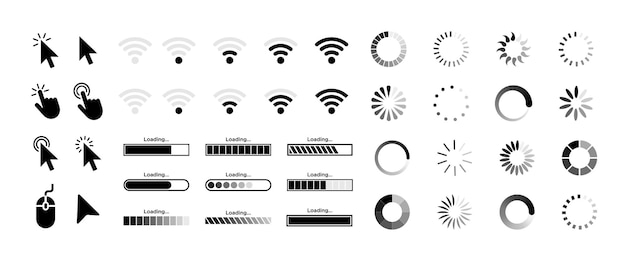 Loading icon cursor hand click wifi sign buffer loader progress bar vector set Circle load stat