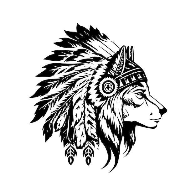 lobo con accesorios de cabeza de jefe indio ilustración dibujada