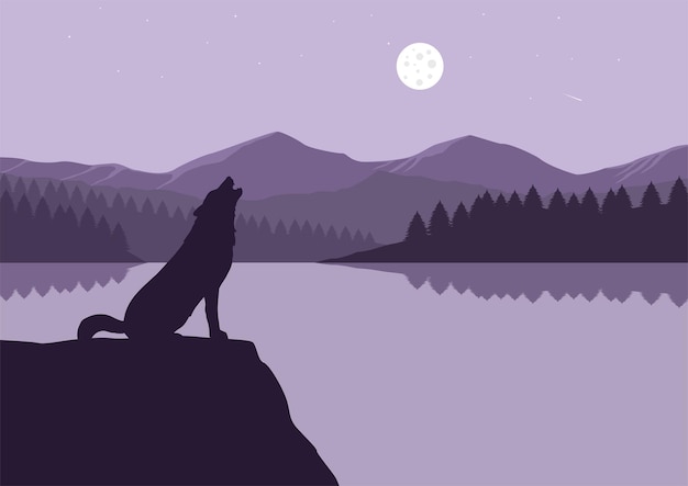 Vector lobo aullando en el lago por la noche, ilustración vectorial.