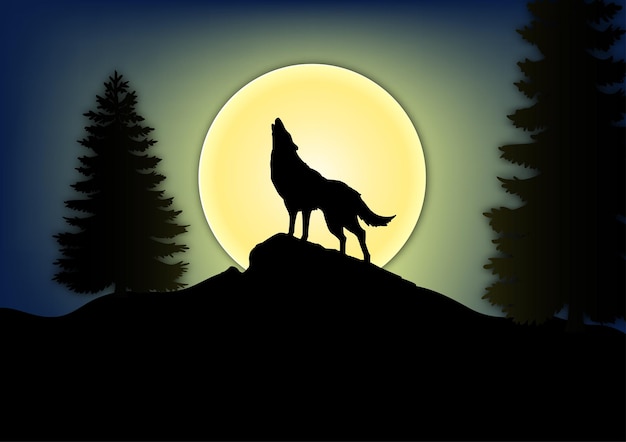 Vector un lobo aullando en una noche de luna llena
