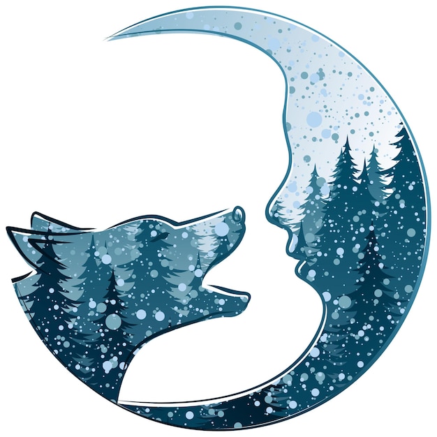 Un lobo con el bosque de la noche de invierno y el mes