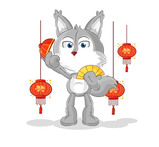 Lobo chino con vector de caracteres de ilustración de linternas