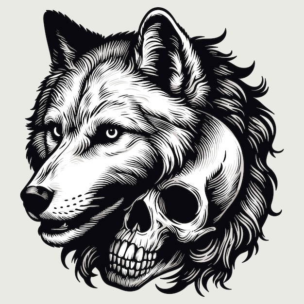 un lobo con un cráneo y un cráneo en él