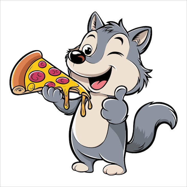 Un lobo de dibujos animados comiendo pizza vector y un lobo de caricaturas Ilustración vectorial de diseño de personajes