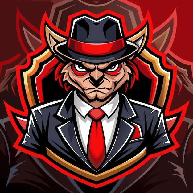 Un lobo de dibujos animados feroz con un traje, corbata roja y sombrero
