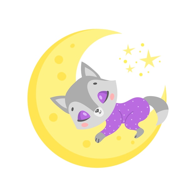 lobo de dibujos animados lindo durmiendo en la luna.