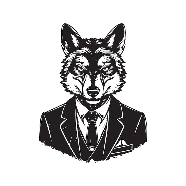 Lobo empresario vintage logo línea arte concepto blanco y negro color dibujado a mano ilustración