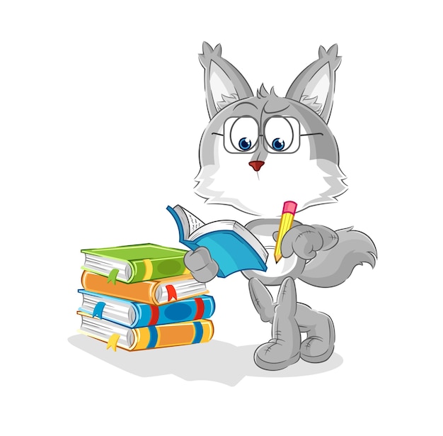 lobo, estudiar, mascota, caricatura, vector