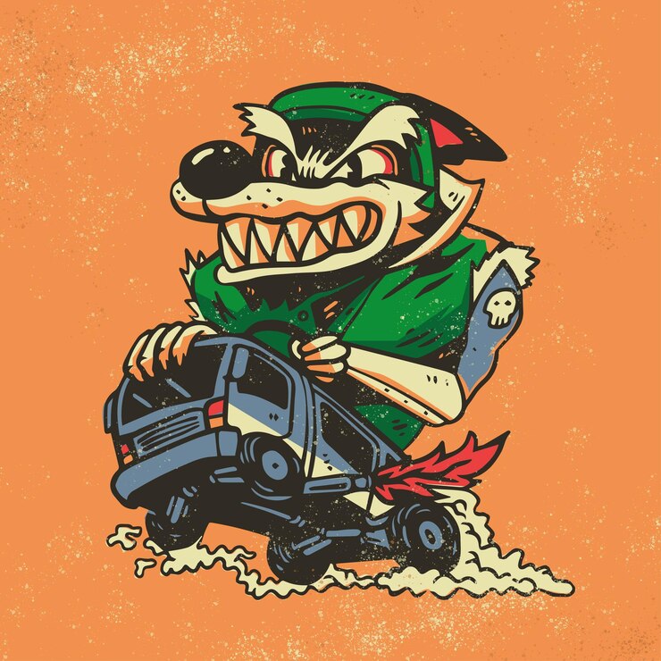 Lobo furioso conduciendo una furgoneta con humo