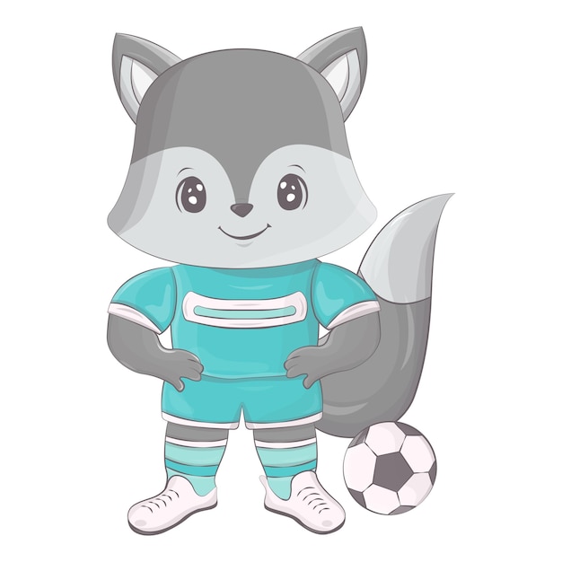 Lobo jugando al fútbol. Ilustración vectorial de un lindo animal atleta.
