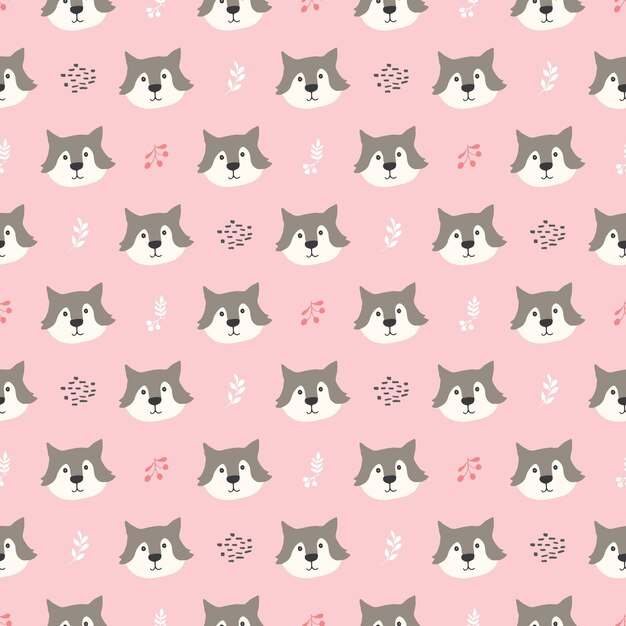 Lobo lindo patrón sin costuras Animales de dibujos animados en fondo de bosque Ilustración vectorial