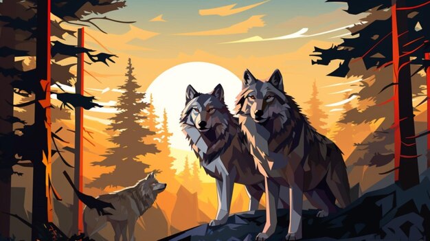 Vector un lobo y un lobo están en el bosque al atardecer