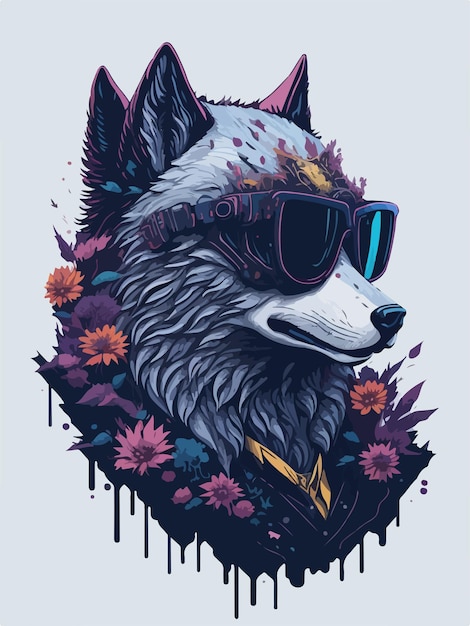 Vector lobo lúdico y de moda en la fantasía tee colorida flora mágica