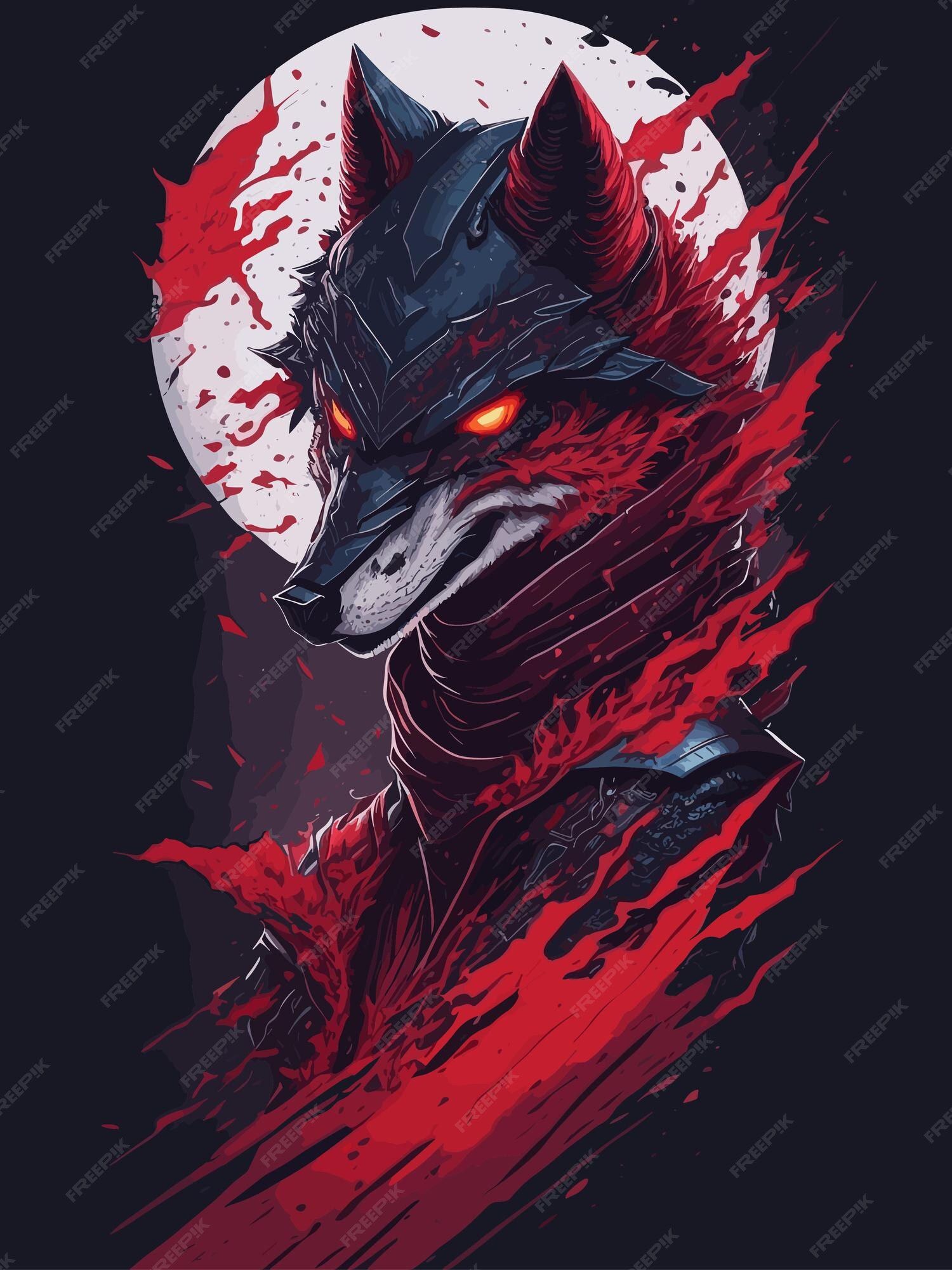 El lobo con la luna roja Vector Premium