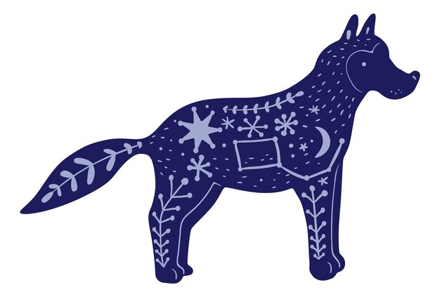 Lobo de noche. Animal del bosque oscuro con patrón floral aislado sobre fondo blanco.