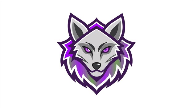 un lobo con ojos púrpuras y un diseño púrpura y verde en un fondo blanco