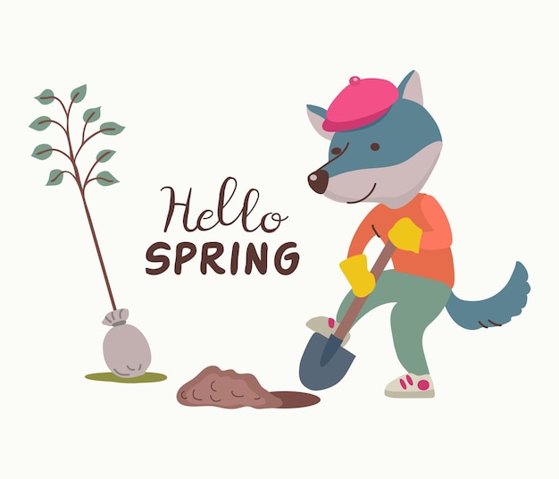 El lobo planta un árbol en la ilustración vectorial de primavera