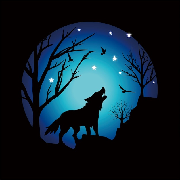 Vector el lobo shilhouette en la noche oscura con la luna azul