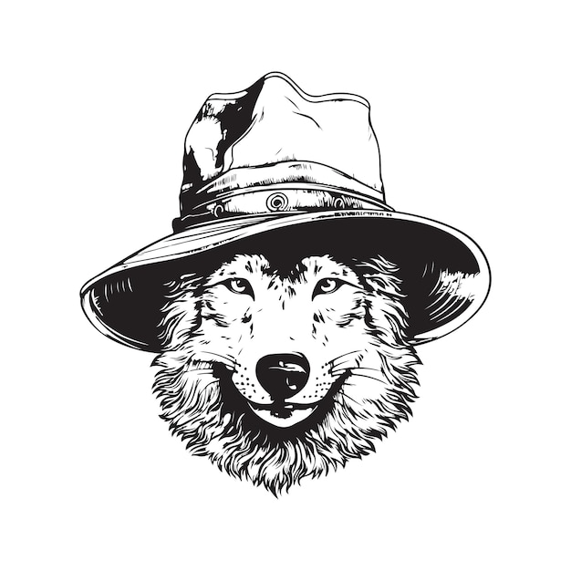 Lobo con sombrero de cubo vintage logo concepto blanco y negro color dibujado a mano ilustración