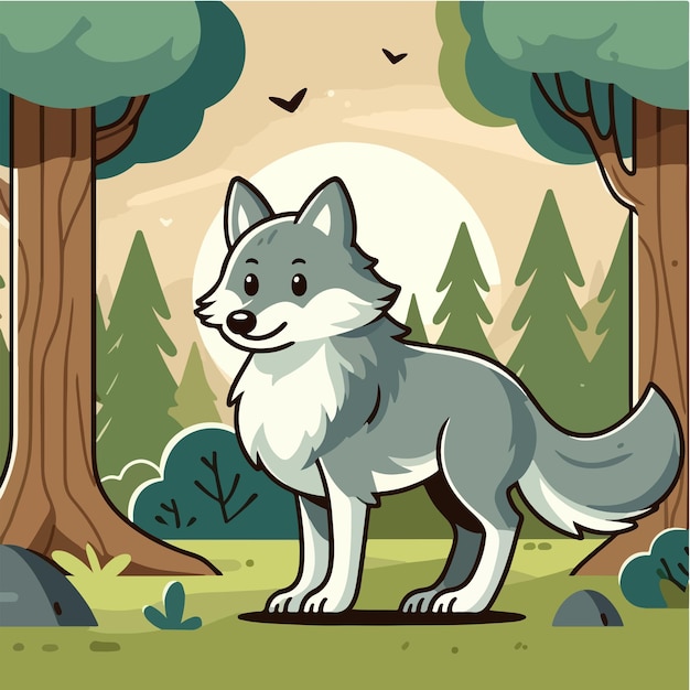 Vector lobo vector en el bosque con diseño de dibujos animados