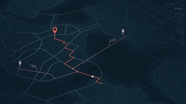 Localizador de posición punto sistema de seguimiento gps para navegar alrededor de la ciudad puntos de referencia ruta futurista