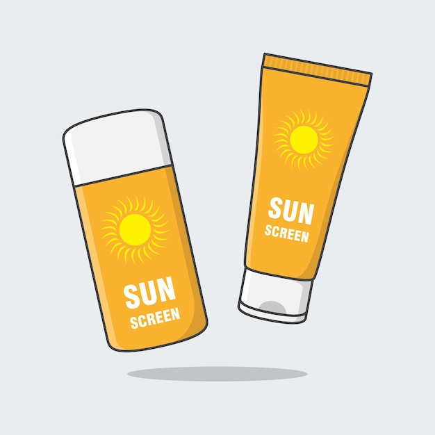 Vector loción de protección solar y crema de protección solar ilustración vectorial de dibujos animados protección solar producto cosmético icono plano contorno bloqueador solar o cuidado de la piel