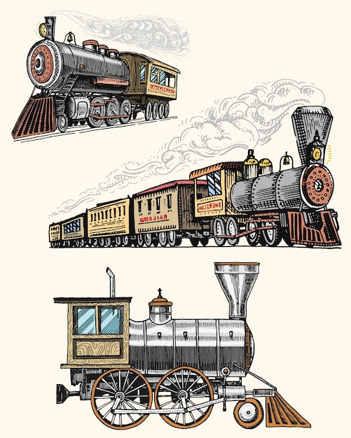 Locomotora antigua dibujada a mano vintage grabada o tren con vapor en el transporte retro ferroviario americano