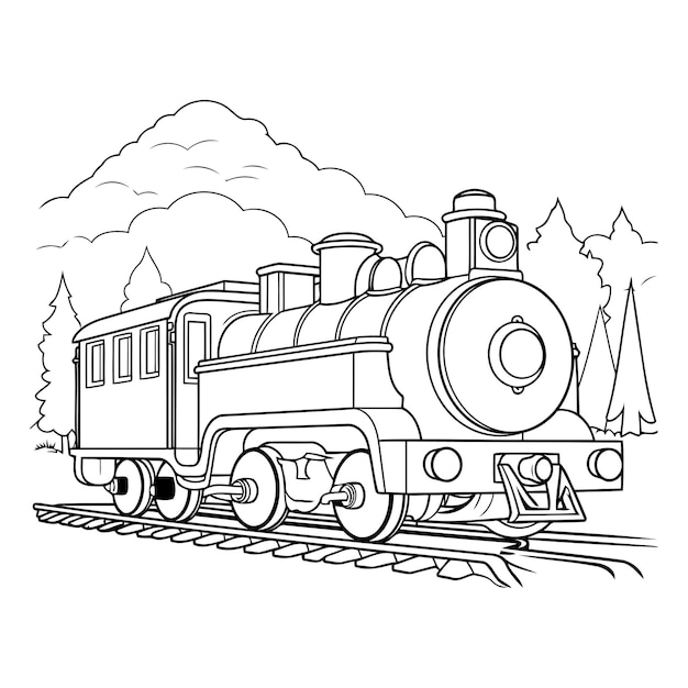 Locomotora de vapor en los rieles de un tren de dibujos animados