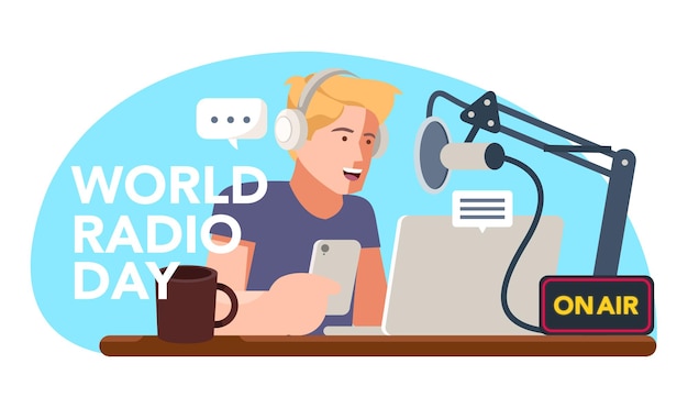 Un locutor de radio masculino está transmitiendo en celebración del día mundial de la radio