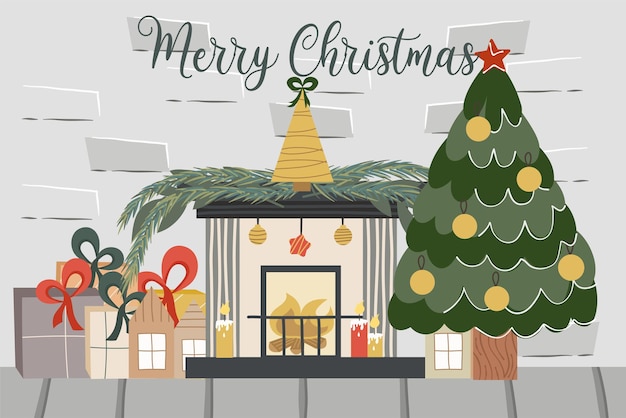 Loft de ladrillo de navidad con chimenea, abeto, texto feliz navidad. decorado con bolas de abeto y velas de chimenea y regalos. ilustración de vector de un interior festivo.