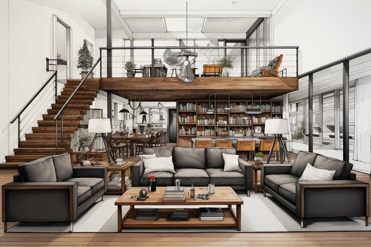 Vector loft moderno y luminoso con gran diseño interior de windows ilustración 3d