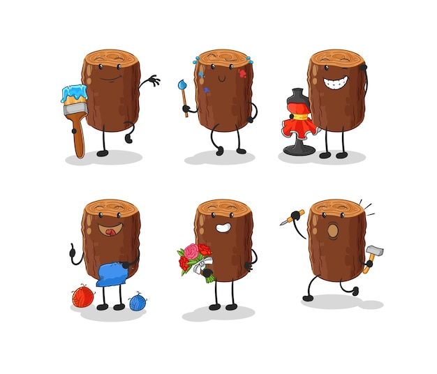 Log artista grupo personaje dibujos animados mascota vector