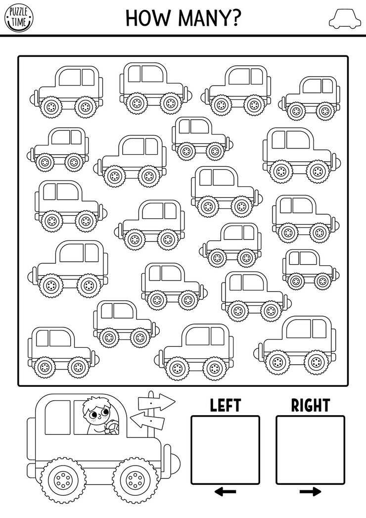 Vector lógica de transporte juego en blanco y negro con derecho e izquierdo concepto para niños yo espía búsqueda actividad de conteo con coche transporte imprimible orientación espacial página de colorear para niños en edad preescolarxa