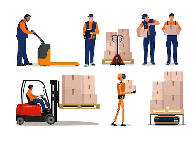 Logística de almacenes personal uniformado equipo de carretillas elevadoras escáner cajas robótica