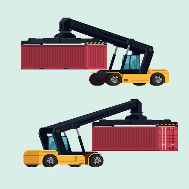 Vector logística de importación y exportación de carretillas elevadoras para la manipulación de contenedores. ilustración vectorial