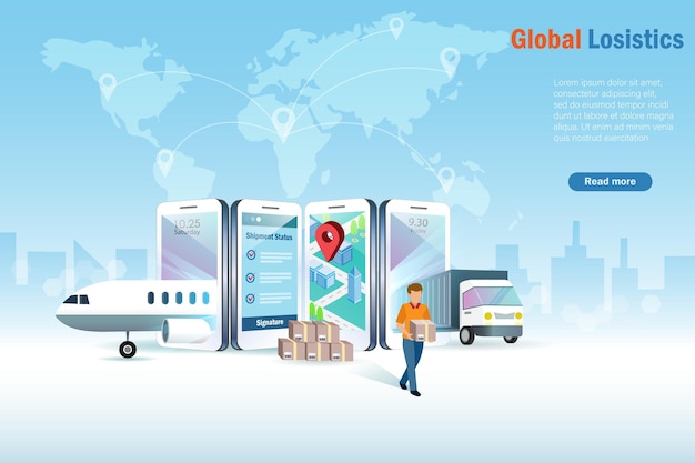 Logística inteligente global en línea Avión y camión de entrega en teléfonos inteligentes entregan envíos con GPS