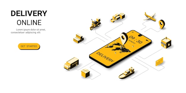 Logística isométrica y entrega en línea en aplicaciones móviles Orden en línea Servicios de transporte de marketing digital para compras en línea Concepto para sitio web y banner Ilustración vectorial