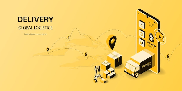 Logística isométrica y entrega en línea en aplicaciones móviles Pedido en línea Marketing digital Almacén de camiones y caja de paquetería Concepto para banner de sitio web y sitio web móvil Ilustración vectorial